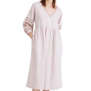 MADEWELL Embroidered Dress Popover Lagenlook Oversize Cotton Linen Pink Midi XXS